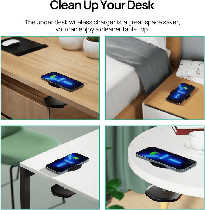 📱Invisible Under Desk Wireless Charger - 15W Fast Charging Pad for iPhone/Samsung