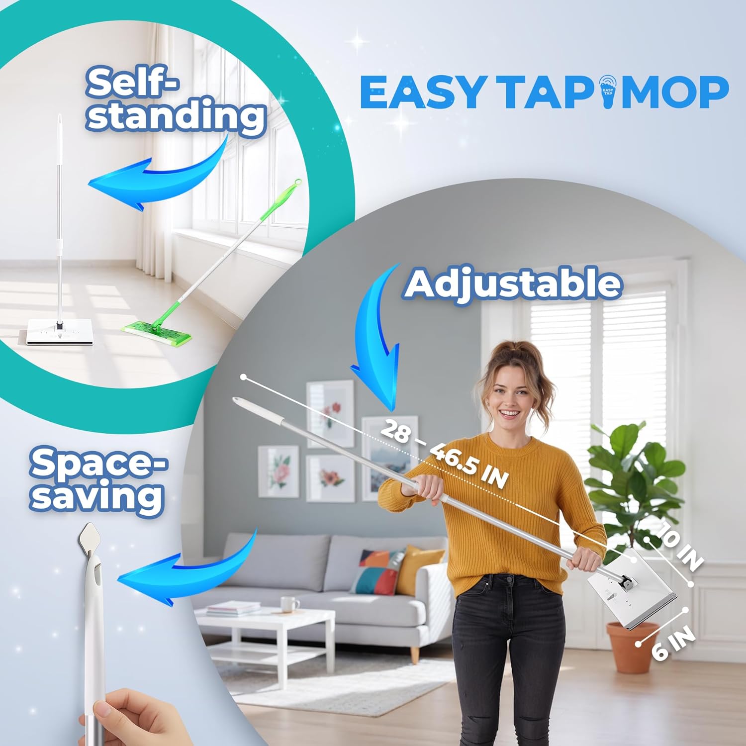 Hands-Free Flat Floor Mop & Sweeper - Foot-Tap Lock System Compatible with Most Pads - 360 Swivel & Adjustable Aluminum Handle - Includes Baking Soda Wet Wipes & 3D Microfiber Cloth