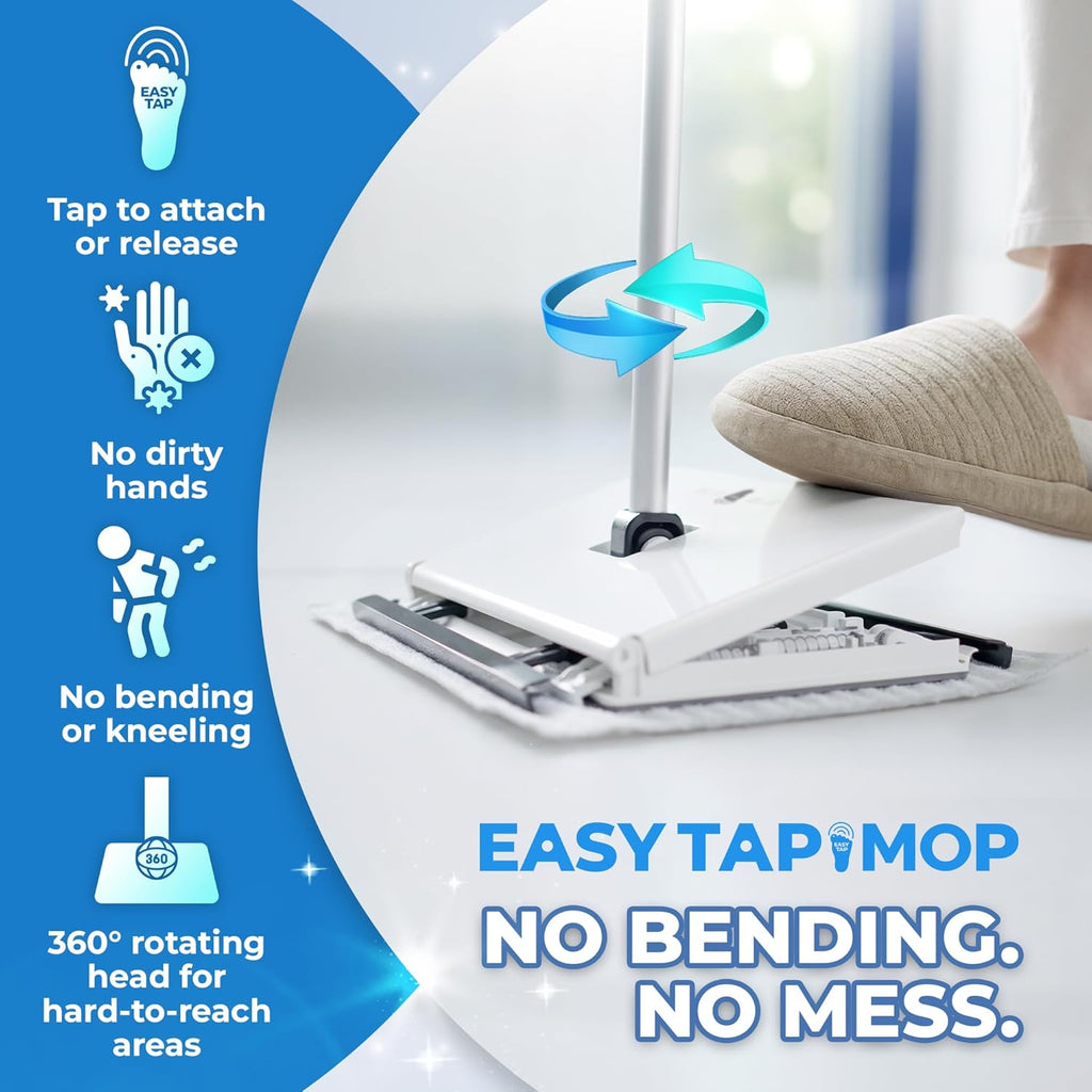 Hands-Free Flat Floor Mop & Sweeper - Foot-Tap Lock System Compatible with Most Pads - 360 Swivel & Adjustable Aluminum Handle - Includes Baking Soda Wet Wipes & 3D Microfiber Cloth