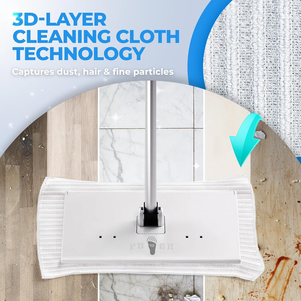 Hands-Free Flat Floor Mop & Sweeper - Foot-Tap Lock System Compatible with Most Pads - 360 Swivel & Adjustable Aluminum Handle - Includes Baking Soda Wet Wipes & 3D Microfiber Cloth
