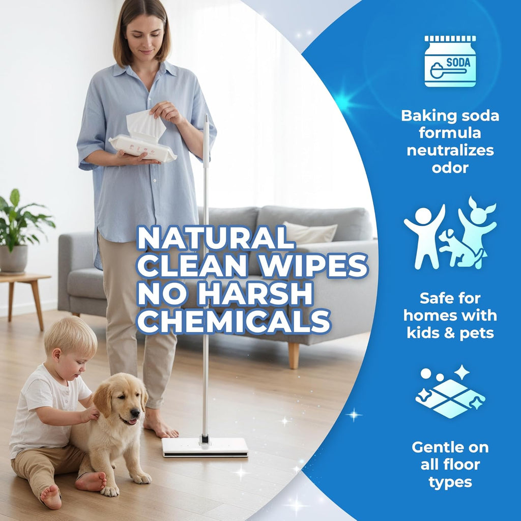 Hands-Free Flat Floor Mop & Sweeper - Foot-Tap Lock System Compatible with Most Pads - 360 Swivel & Adjustable Aluminum Handle - Includes Baking Soda Wet Wipes & 3D Microfiber Cloth